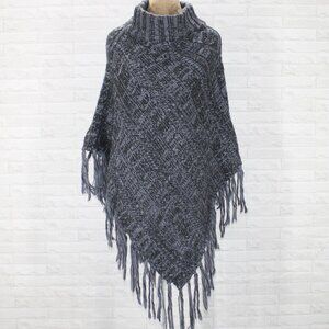 Poncho Knit Fringe Diagonal Cable Knit Stripe Warm Fringe Black Gray One Size